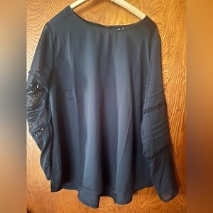 Cruel Women’s Black Long Sleeve Lace-Inset Blouse. Sheer sleeves.